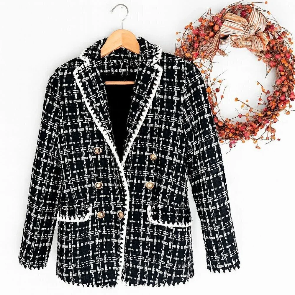 Laundry by Shelli Segal Womens Double Breasted Tweed Blazer XTRA-SMALL Black